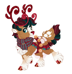 Size: 3795x3900 | Tagged: safe, artist:gigason, derpibooru import, oc, oc only, oc:pepper praline, deer, reindeer, adoptable, antlers, bipedal, blaze (coat marking), brown coat, brown fur, buck, bushy tail, cheek fluff, chest fluff, clothes, cloven hooves, coat markings, colored, colored antlers, colored belly, colored eyebrows, colored hooves, colored nose, colored pinnae, deer oc, deer tail, ears, facial markings, flat colors, floppy ears, fluffy tail, garland, gradient legs, gradient nose, grin, head turn, high res, holly, hooves, jingle bells, looking back, male, male oc, multicolored hair, multicolored mane, multicolored tail, non-pony oc, obtrusive watermark, pale belly, plaid scarf, raised hoof, raised leg, red hair, red hooves, red mane, red nose, red tail, reins, scarf, shiny hooves, short hair, short mane, simple background, smiling, socks (coat marking), solo, sparkly antlers, standing, striped antlers, striped hair, striped mane, striped tail, tail, tail markings, teal eyes, three quarter view, transparent background, watermark