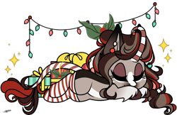 Size: 1600x1037 | Tagged: safe, artist:princessmoonsilver, derpibooru import, oc, oc:peppermint bark, pony, unicorn, christmas, christmas lights, clothes, female, holiday, horn, mare, simple background, sleeping, socks, solo, striped socks, transparent background