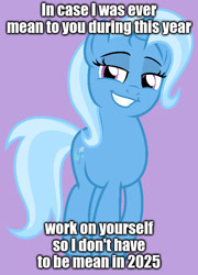 Size: 500x693 | Tagged: safe, artist:kuren247, derpibooru import, edit, editor:modus_ponens, trixie, pony, unicorn, g4, 2025, caption, crossed hooves, female, grin, horn, image macro, lidded eyes, mare, mean, meme, narcissism, offensive, ponified, ponified meme, purple background, shit eating grin, simple background, smiling, smug, solo, text