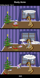 Size: 1920x3688 | Tagged: safe, artist:platinumdrop, derpibooru import, derpy hooves, princess celestia, oc, oc:dusty hooves, comic:dusty acres, series:technoverse, g4, celestia plushie, christmas, christmas tree, commission, female, filly, foal, holiday, pinklestia, plushie, present, speech bubble, toy, tree, younger