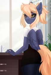 Size: 2083x3072 | Tagged: safe, artist:elektra-gertly, derpibooru import, oc, oc only, oc:pixi feather, anthro, pegasus, clothes, ear fluff, ears, female, golden eyes, indoors, looking at you, looking back, looking back at you, office, office lady, pegasus oc, skirt, tights, wings