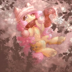 Size: 1890x1890 | Tagged: safe, artist:cupute, derpibooru import, fluttershy, pegasus, pony, g4, alternate cutie mark, beanie, blue eyes, blushing, chest fluff, clothed ponies, clothes, cold, cute, cutesy, digital art, digital painting, female, fluffy, grainy, ground, hat, hidden, holiday, leaves, long mane, long tail, looking at you, lying down, mare, on back, one eye closed, pink, pink mane, pink tail, pom pom, scarf, shading, shiny hooves, shiny mane, shy, shyabetes, snow, snowfall, snowflake, solo, tail, teal eyes, tree, tree branch, warm colors, yellow body