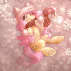 Size: 1890x1890 | Tagged: safe, artist:cupute, derpibooru import, fluttershy, pegasus, pony, g4, alternate cutie mark, beanie, blue eyes, blushing, chest fluff, clothed ponies, clothes, cold, cute, cutesy, digital art, digital painting, female, fluffy, grainy, ground, hat, holiday, long mane, long tail, looking at you, lying down, mare, on back, one eye closed, pink, pink mane, pink tail, pom pom, scarf, shading, shiny hooves, shiny mane, shy, shyabetes, snow, snowfall, snowflake, solo, tail, teal eyes, warm colors, yellow body