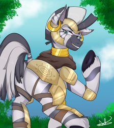 Size: 1844x2062 | Tagged: safe, artist:asscadoodle, derpibooru import, zecora, zebra, g4, armor, butt, fanart, solo, zecorass