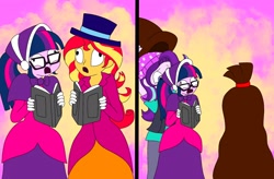 Size: 2266x1488 | Tagged: safe, artist:artsymlp12, derpibooru import, starlight glimmer, sunset shimmer, twilight sparkle, human, undead, zombie, equestria girls, g4, bagged, caroling, clothes, comic, dress, gown, long dress, long skirt, skirt, victorian, victorian dress