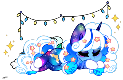 Size: 1600x1037 | Tagged: safe, artist:princessmoonsilver, derpibooru import, oc, oc:star chaser, pony, unicorn, christmas, christmas lights, female, holiday, horn, mare, simple background, sleeping, solo, transparent background