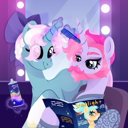 Size: 1920x1920 | Tagged: safe, artist:kabuvee, derpibooru import, oc, oc only, oc:midnight sun, oc:morrie glow, pony, unicorn, bow, comb, female, hair bow, horn, magazine, magic, male, mare, stallion