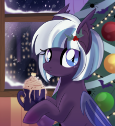 Size: 2337x2548 | Tagged: safe, artist:spookyle, derpibooru import, oc, oc only, oc:hallow haze, bat pony, bat pony oc, christmas, christmas tree, dhampir, hearth's warming eve, holiday, snow, snowfall, solo, tree, winter