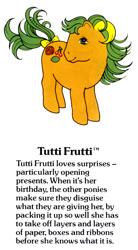 Size: 550x1000 | Tagged: safe, derpibooru import, earth pony, pony, g1, bow, closed mouth, cute, female, g1 backstory, mare, my little pony fact file, official, smiling, solo, tail, tail bow, text, trademark, tutti frutti, tuttibetes