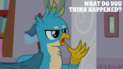 Size: 2000x1125 | Tagged: safe, derpibooru import, edit, edited screencap, editor:quoterific, screencap, gallus, griffon, g4, the hearth's warming club, male, my little pony: friendship is magic, solo