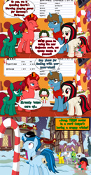 Size: 1280x2457 | Tagged: safe, artist:jasperpie, derpibooru import, oc, oc:casper cake, oc:eleboy, oc:frostbite, oc:harmony dancer, oc:jack skellington pone, oc:jasper pie, oc:melody flame, oc:midnight sonata, oc:thespio, kirin, breaking the fourth wall, candy, candy cane, comic, derby (hat), fez, food, hat, hearth's warming decorations, pie's pizzeria, pie's pizzeria (ponyville), pony eleboy, ponyville, snow, tongue, tongue out, tongue stuck, tongue stuck to pole, wreath