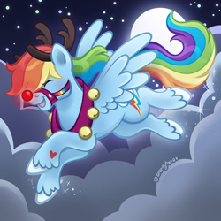 Size: 2400x2400 | Tagged: safe, artist:sparkytopia, derpibooru import, rainbow dash, pegasus, pony, g4, animal costume, antlers, bridle, costume, cute, dashabetes, eyes closed, female, flying, mare, moon, night, open mouth, open smile, outdoors, reindeer antlers, reindeer costume, rudolph dash, rudolph nose, signature, smiling, solo, spread wings, tack, unshorn fetlocks, wings, ych example, your character here