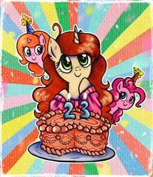 Size: 1780x2048 | Tagged: safe, artist:dariarchangel, derpibooru import, pinkie pie, oc, oc:dariarchangel, oc:dazha, earth pony, unicorn, g4, adorable face, ahoge, bags under eyes, birthday, birthday cake, blue eyes, bust, c:, cake, candle, candlelight, clothes, confetti, curly hair, curly mane, cute, cute face, cute smile, female, female oc, food, freckles, green eyes, happy, happy birthday, hat, heartwarming, hoof on chin, horn, long hair, long mane, looking at someone, looking up, mare oc, ocbetes, orange hair, orange mane, pale coat, party hat, passepartout, pink coat, pink hair, pink mane, pink sweater, plate, ponified artist, ponk, ponysona, portrait, scratches, self insert, self portrait, small horn, smiling, sunburst background, sweater, torn ear, traditional art, trio, trio female, unicorn oc, weapons-grade cute