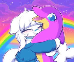 Size: 1777x1487 | Tagged: source needed, safe, artist:moozua, derpibooru import, oc, oc only, oc:echo location, dolphin, dolphin pony, original species, band-aid, band-aid on nose, bangs, blue sweater, blushing, choker, clothes, colorful, cute, dolphin tail, ear tufts, ears, eyebrows, eyebrows visible through hair, eyes closed, female, female oc, floppy ears, gradient background, hug, lisa frank, long mane, mare, mare oc, ocbetes, ocean, off shoulder, off shoulder sweater, outdoors, purple sky, rainbow, saturated, smiling, sparkles, stars, straight mane, sweater, tail, three quarter view, water, white body, white coat, white mane, white tail