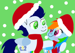 Size: 2456x1740 | Tagged: safe, artist:mlplary6, derpibooru import, rainbow dash, soarin', pegasus, pony, g4, christmas, clothes, cute, dashabetes, female, hat, heartwarming, holiday, male, mare, primal, rainbow dash is best pony, romantic, santa hat, scarf, shipping, snow, soarinbetes, soarindash, stallion, straight, sweet dreams fuel