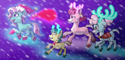 Size: 2300x1100 | Tagged: safe, artist:plumpony, derpibooru import, alice the reindeer, aurora the reindeer, bori the reindeer, minty, deer, pony, reindeer, g3, g4, christmas, clothes, costume, flying, g3 to g4, generation leap, glowing antlers, hat, hearth's warming eve, holiday, night, reindeer magic, santa bag, santa costume, santa hat, snow, snowfall, socks, the gift givers