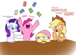 Size: 1024x742 | Tagged: safe, artist:doodlesinky, derpibooru import, part of a set, applejack, fluttershy, pinkie pie, rarity, earth pony, pegasus, pony, unicorn, g4, angry, card game, cheering, ears back, horn, scared, speech bubble, text, uno