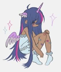 Size: 640x754 | Tagged: safe, artist:fairypills, artist:xx_pawdust_xx, artist:xxpuppycursed, derpibooru import, twilight sparkle, twilight sparkle (alicorn), alicorn, human, g4, band-aid, blush sticker, blushing, camisole, clothes, dark skin, ear blush, ears, eyebrows, eyebrows visible through hair, feathered ears, feet, female, floppy ears, full body, hair over one eye, hand on knee, hand on leg, horn, horned humanization, humanized, knee blush, long hair, no mouth, no nose, pigeon toed, pony ears, round ears, scar, self harm, self harm scars, shy, simple background, sitting, socks, solo, spread wings, stocking feet, white background, wing ears, winged humanization, wings