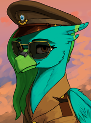 Size: 3120x4200 | Tagged: safe, artist:neither, derpibooru import, oc, oc only, oc:ocean breeze, hippogriff, equestria at war mod, beak, bust, cap, clothes, digital art, female, folded wings, general, glasses, hair, hat, high res, looking at you, military, military uniform, new characters for equestria at war, new characters for equestria at war mod, outdoors, portrait, smiling, smiling at you, solo, uniform, wings