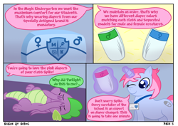 Size: 4960x3508 | Tagged: safe, artist:sweetielover, derpibooru import, spike, oc, dragon, pony, unicorn, comic:scales at school, g4, absurd resolution, aura, comic, dialogue, diaper, diaper package, female, high res, horn, implied twilight sparkle, indoors, logo, magic, male, one eye closed, school, webcomic, wings, wink