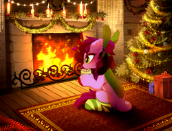 Size: 4504x3443 | Tagged: safe, artist:empress-twilight, derpibooru import, oc, oc only, oc:sharp stem, kirin, candle, chocolate, christmas, christmas tree, clothes, cloven hooves, colored hooves, colored pupils, commission, ear fluff, ears, eyebrows, eyebrows visible through hair, female, female oc, fireplace, food, green eyes, green pupils, green socks, hair accessory, hearth's warming, hearth's warming eve, high res, hock fluff, holiday, hoof hold, hooves, horn, hot chocolate, indoors, kirin horn, kirin oc, leaves, leaves in hair, leg fluff, leonine tail, mane accessory, mug, non-pony oc, present, profile, purple coat, rear view, red hooves, rug, shiny mane, shiny tail, shoulder fluff, sitting, socks, solo, striped horn, striped socks, tail, tail fluff, tongue, tongue out, tree, two toned mane, two toned tail, unshorn fetlocks, wreath, ych result