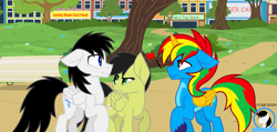 Size: 8877x4210 | Tagged: safe, artist:creedyboy124, derpibooru import, oc, oc only, oc:sadie park, oc:shane park, oc:shield wing, alicorn, pegasus, alicorn oc, background, female, gay, horn, implied gay, looking at each other, looking at someone, male, mare, pegasus oc, shipping, stallion, stallion oc, tree, wings