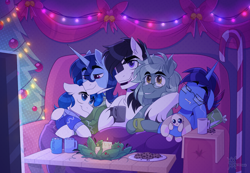 Size: 2600x1800 | Tagged: safe, artist:thewandie, oc, oc:crystal glaze, oc:feathertrap, oc:iron reign, oc:marquis majordome, oc:soft mane, earth pony, pony, unicorn, blanket, candle, candy cane, christmas 2024, christmas lights, christmas tree, clothes, coffee table, commission, cookie, cuddling, cute, eyepatch, glasses, hot chocolate, male, males only, marshmallow, movie night, on couch, plushie, ribbon, sleeping, snuggling, sofa, stallion, stallions only, sweater, unshorn fetlocks, wholesome, wreath