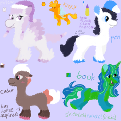 Size: 2048x2048 | Tagged: safe, artist:mintwhistle, derpibooru import, breezie, earth pony, pegasus, pony, unicorn, baseball cap, battle for dream island, blushing, book (battle for dream island), bow, cake (battle for dream island), cap, coat markings, colored hooves, colored wings, crossover, dot eyes, female, firey jr., flying, group, hairband, hat, heterochromia, hidden horn, hooves, horn, krita, lavender background, male, mare, multicolored coat, multicolored hair, multicolored wings, nightcap, open mouth, open smile, pale belly, pen (battle for dream island), pillow (battle for dream island), ponified, purple background, quintet, simple background, smiling, socks (coat marking), species swap, spread wings, stallion, tail, tail bow, unshorn fetlocks, wings