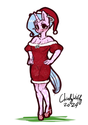 Size: 992x1403 | Tagged: safe, artist:chiefywiffy, derpibooru import, oc, oc:chiefy, anthro, unicorn, anthro oc, christmas, clothes, dress, ear piercing, earring, female, hat, high heels, holiday, horn, jewelry, mare, piercing, santa hat, shoes, simple background, solo, white background