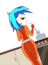 Size: 1768x2371 | Tagged: safe, artist:yaya54320bases, derpibooru import, dj pon-3, vinyl scratch, human, equestria girls, g4, ass, base used, breasts, butt, clothes, cooking, latex, latex suit, looking back, solo, totally spies, vinyl stacked