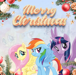 Size: 2744x2706 | Tagged: safe, artist:saltyvity, derpibooru import, edit, fluttershy, rainbow dash, twilight sparkle, twilight sparkle (alicorn), alicorn, pegasus, pony, g4, blue mane, christmas, christmas ball, christmas tree, cute, dashabetes, gradient background, green eyes, happy new year, holiday, looking at you, merry christmas, multicolored hair, pink eyes, pink hair, purple eyes, rainbow hair, shyabetes, smiling, smiling at you, snow, solo, stars, tree, zoom layer