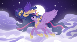 Size: 1280x714 | Tagged: safe, artist:velveagicsentryyt, derpibooru import, princess twilight 2.0, twilight sparkle, twilight sparkle (alicorn), oc, oc:galaxy swirls, oc:velvet sentry, alicorn, pony, g4, artificial wings, augmented, cloud, crown, ethereal mane, ethereal tail, female, flying, hoof shoes, jewelry, magic, magic wings, mare, moon, offspring, older, older twilight, older twilight sparkle (alicorn), parent:flash sentry, parent:twilight sparkle, parents:flashlight, peytral, princess shoes, regalia, starry mane, starry tail, tail, wings