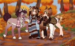 Size: 1280x783 | Tagged: safe, artist:malinraf1615, derpibooru import, oc, oc only, pony, unicorn, antlers, blushing, clothes, female, freckles, glasses, horn, leaves, male, mare, scarf, stallion, striped scarf, sweater vest, tree, trio