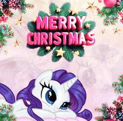 Size: 2744x2706 | Tagged: safe, artist:saltyvity, derpibooru import, edit, rarity, pony, unicorn, g4, blue eyes, christmas, christmas ball, christmas tree, cute, gradient background, happy new year, holiday, horn, makeup, merry christmas, purple hair, raribetes, smiling, snow, solo, stars, tree, zoom layer