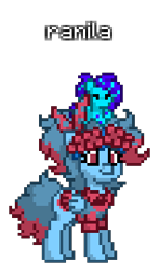 Size: 212x360 | Tagged: safe, artist:princess ice color twinkle, derpibooru import, oc, oc:ranila, alicorn, pony, blue skin, digital art, eyelashes, female, fez plush, head accessories, mare, pink eyes, pixel art, pony town, ponytail, simple background, tail, transparent background, two toned mane, two toned shirt, two toned tail