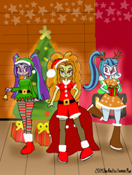 Size: 1536x2048 | Tagged: safe, artist:wvdr220dr, derpibooru import, adagio dazzle, aria blaze, sonata dusk, deer, elf, equestria girls, animal costume, antlers, cartoon, christmas, clothes, costume, elf costume, holiday, present, reindeer antlers, reindeer costume, santa costume, the dazzlings