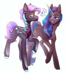 Size: 3342x3708 | Tagged: safe, artist:dreamyrat, derpibooru import, oc, oc only, oc:adolph, oc:obsidian, pony, unicorn, 2021, blue eyes, blue mane, broken horn, butt, dialogue, duo, duo male, ear piercing, gem, golden eyes, high res, horn, looking at each other, looking at someone, male, male oc, old art, open mouth, piercing, pink mane, plot, purple mane, simple background, stallion, stallion oc, two toned mane, unicorn oc, white background