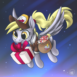 Size: 3070x3070 | Tagged: safe, artist:mysticalpha, derpibooru import, derpy hooves, pegasus, pony, g4, alternate hairstyle, bag, cap, christmas, cute, derpabetes, derpysass, female, flying, hat, high res, holiday, mailbag, mailmare, mare, mouth hold, ponytail, present, solo, spread wings, wings