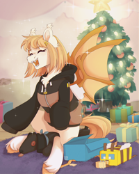 Size: 2000x2500 | Tagged: safe, artist:lionbun, derpibooru import, oc, oc:honey milk, bat pony, bee, bat pony oc, christmas, christmas tree, clothes, commission, female, happy, holiday, hoodie, indoors, mare, minecraft, minecraft bee, present, tree