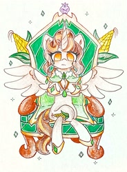 Size: 1932x2632 | Tagged: safe, artist:肝到驾崩, derpibooru import, oc, alicorn, anatomically incorrect, corn, crossed legs, food, incorrect leg anatomy, ponies sitting like humans, seat, sitting, traditional art