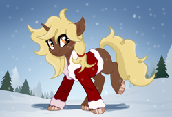 Size: 2396x1639 | Tagged: safe, artist:kitsunee, derpibooru import, oc, oc only, oc:kesha, pony, unicorn, christmas, hat, holiday, horn, pony oc, santa hat, snow, snowfall, unicorn oc, winter