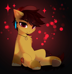 Size: 3435x3550 | Tagged: safe, artist:empress-twilight, derpibooru import, oc, oc only, oc:blitz shadow, earth pony, pony, baseball cap, brown coat, cap, chest fluff, coat markings, colored hooves, colored pupils, commission, ear fluff, ears, earth pony oc, eye clipping through hair, eyebrows, eyebrows visible through hair, facial hair, feather, feather in hair, feathered fetlocks, gradient background, gradient legs, gray hooves, hair accessory, hat, high res, hooves, jewelry, leg fluff, looking at you, male, male oc, mane accessory, necklace, pentagram, red eyes, red mane, red pupils, red tail, shoulder fluff, sitting, smiling, smiling at you, socks (coat marking), solo, sparkles, stallion, stallion oc, tail, tan coat, thin, three quarter view, underhoof, ych result