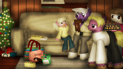 Size: 1920x1080 | Tagged: safe, artist:99999999000, derpibooru import, oc, oc only, oc:firearm king, oc:holly stone, oc:susie cotes, oc:wilson cotes, earth pony, pony, brother, brother and sister, christmas, christmas tree, father, female, food, gingerbread (food), gingerbread pony, holiday, indoors, male, mother, siblings, sister, snack, sofa, tree