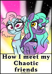 Size: 723x1023 | Tagged: safe, artist:jully-park, derpibooru import, oc, oc only, oc:charlotte parker, oc:ella evans, earth pony, pegasus, pony, comic:how i meet my chaotic friends, comic cover, cover, cover art