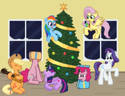 Size: 1800x1380 | Tagged: safe, artist:nitobit, derpibooru import, applejack, fluttershy, pinkie pie, rainbow dash, rarity, twilight sparkle, alicorn, earth pony, pegasus, unicorn, g4, cartoon physics, christmas, christmas tree, digital art, hearth's warming eve, holiday, horn, mane six, now you're thinking with portals, pinkie being pinkie, pinkie physics, pixel art, present, tree