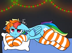 Size: 2048x1509 | Tagged: safe, artist:spookyfoxinc, derpibooru import, rainbow dash, pegasus, pony, g4, bed, clothes, ears, fairy lights, floppy ears, onomatopoeia, sleepy, socks, solo, sound effects, striped socks, zzz