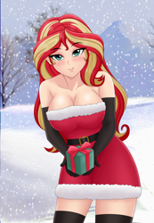 Size: 1276x1843 | Tagged: safe, artist:anonix123, derpibooru import, sunset shimmer, human, equestria girls, g4, 2d, breasts, christmas, christmas outfit, cleavage, clothes, costume, female, holiday, mountain, outdoors, present, santa costume, sexy, sexy santa costume, snow, sunset jiggler, tree