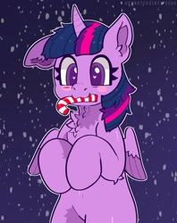 Size: 1576x1989 | Tagged: safe, artist:spookyfoxinc, derpibooru import, twilight sparkle, twilight sparkle (alicorn), alicorn, pony, g4, bipedal, blush sticker, blushing, candy, candy cane, chest fluff, cute, ear fluff, ears, female, food, halfbody, heart, heart eyes, mare, one ear down, snow, snowfall, solo, twiabetes, wingding eyes