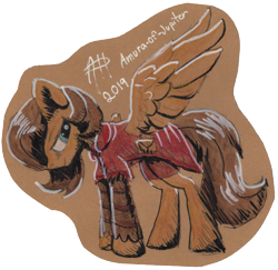 Size: 1885x1832 | Tagged: safe, artist:tiothebeetle, derpibooru import, oc, oc only, oc:quillwright, pegasus, fallout equestria, fallout equestria: of shadows, clothes, missing wing, pegasus oc, robes, scribe, signature, solo, spread wings, steel ranger, steel ranger scribe, traditional art, wings