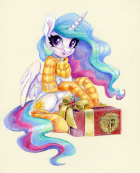 Size: 1212x1500 | Tagged: safe, artist:maytee, derpibooru import, princess celestia, alicorn, pony, g4, box, christmas, clothes, cute, cutelestia, holiday, present, scarf, sitting, smiling, socks, striped scarf, striped socks, traditional art